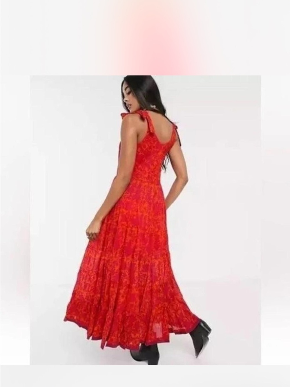 Free People Kikas Printed Midi Tiered Dress in Tangerine, Size XS - Picture 4 of 16